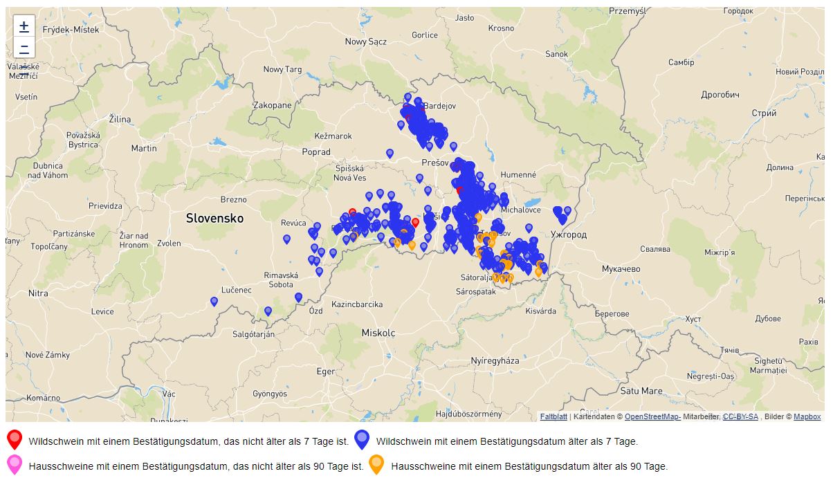 Karte mit nachgewiesenen ASP-Fällen in der Slowakei