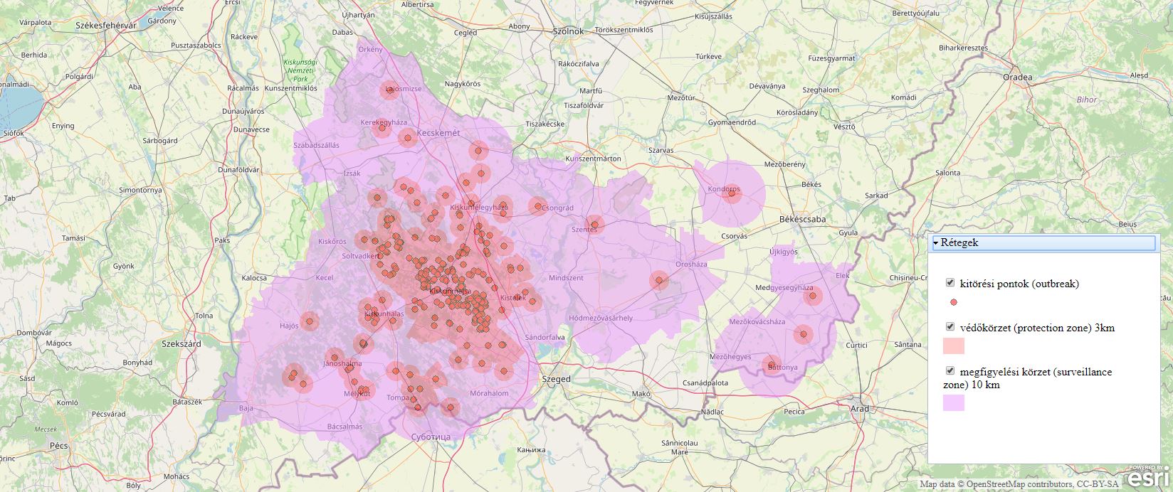 Verbreitungskarte der Geflügelpest-Ausbrüche in Ungarn